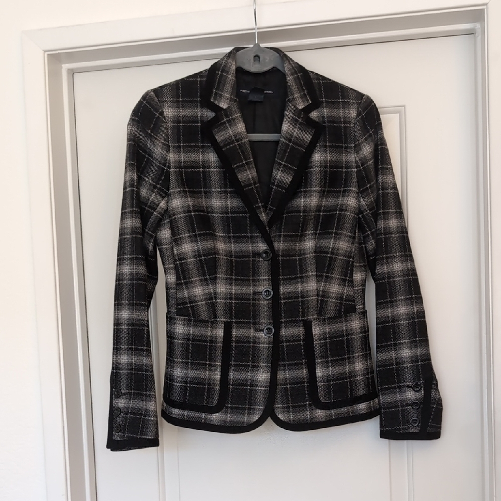 French Connection Black and Gray Plaid Blazer